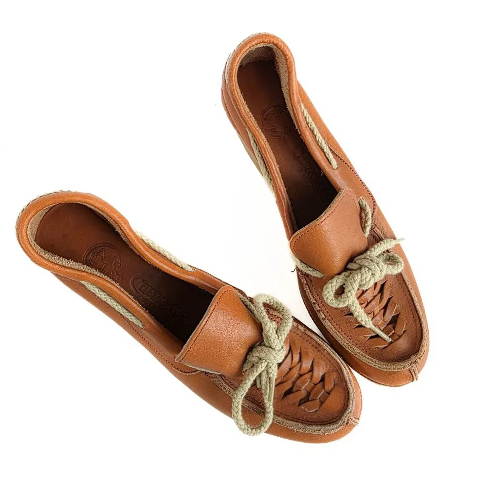 Vintage 70s Cherokee Buckwheat Platform Wedges Caramel Leather‎ Boho Shoes 7.5 N